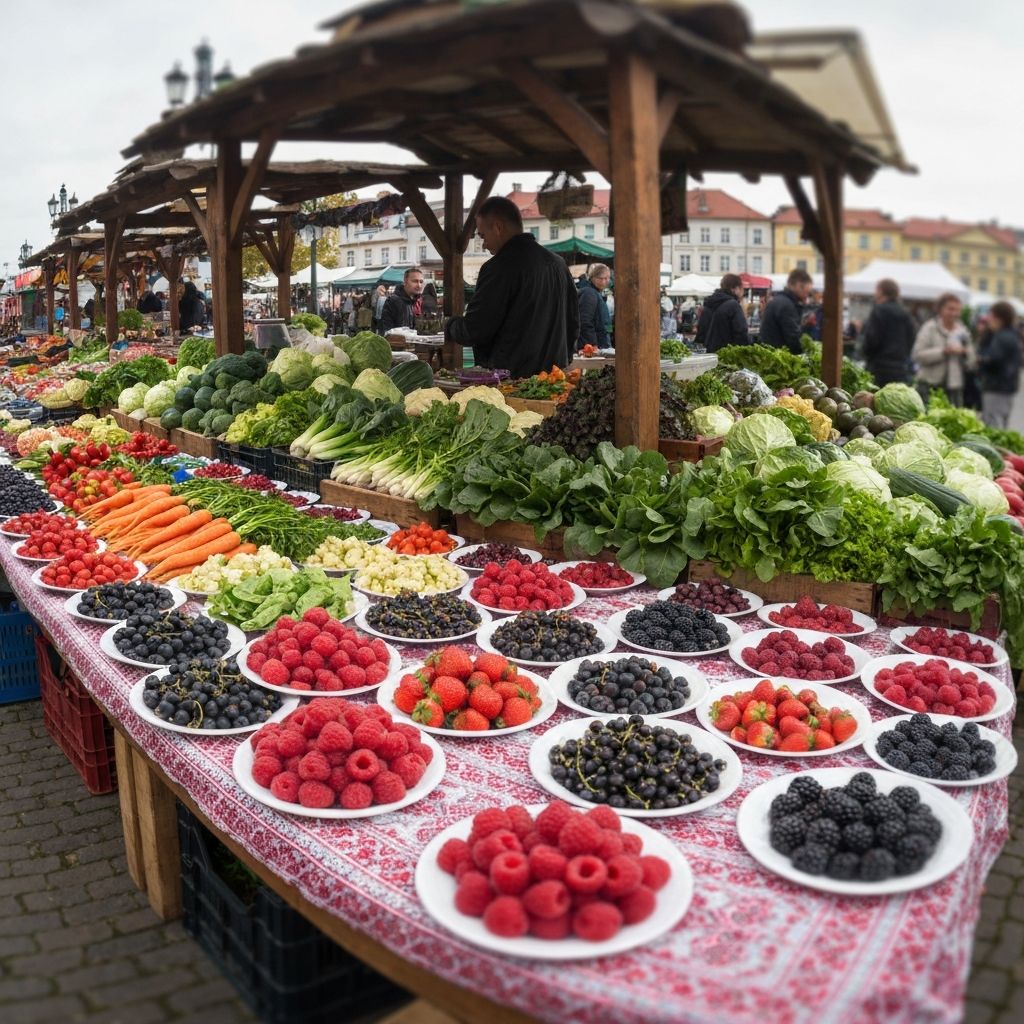 Fresh berries and vegetables at a Polish market