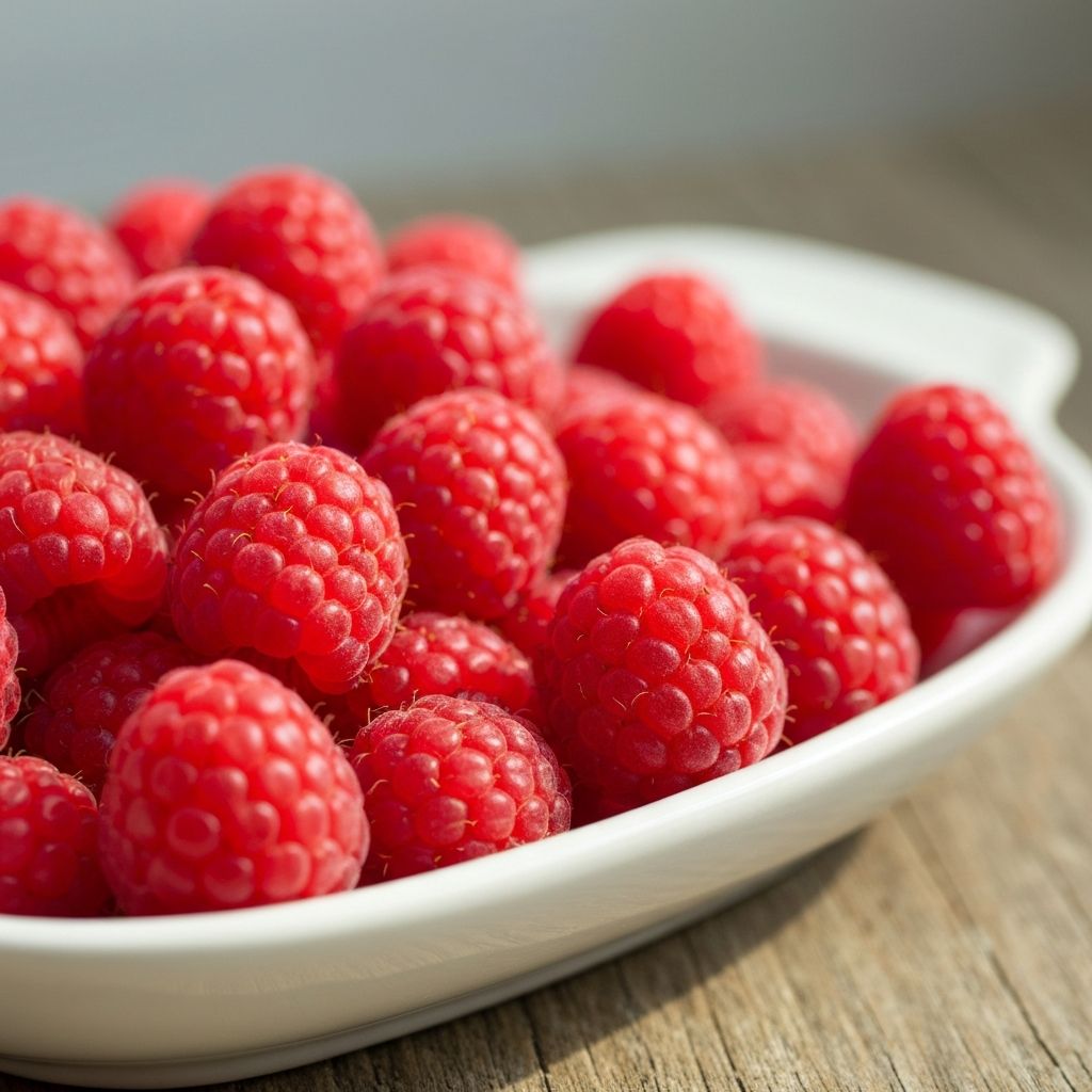 Fresh red raspberries in a dish
